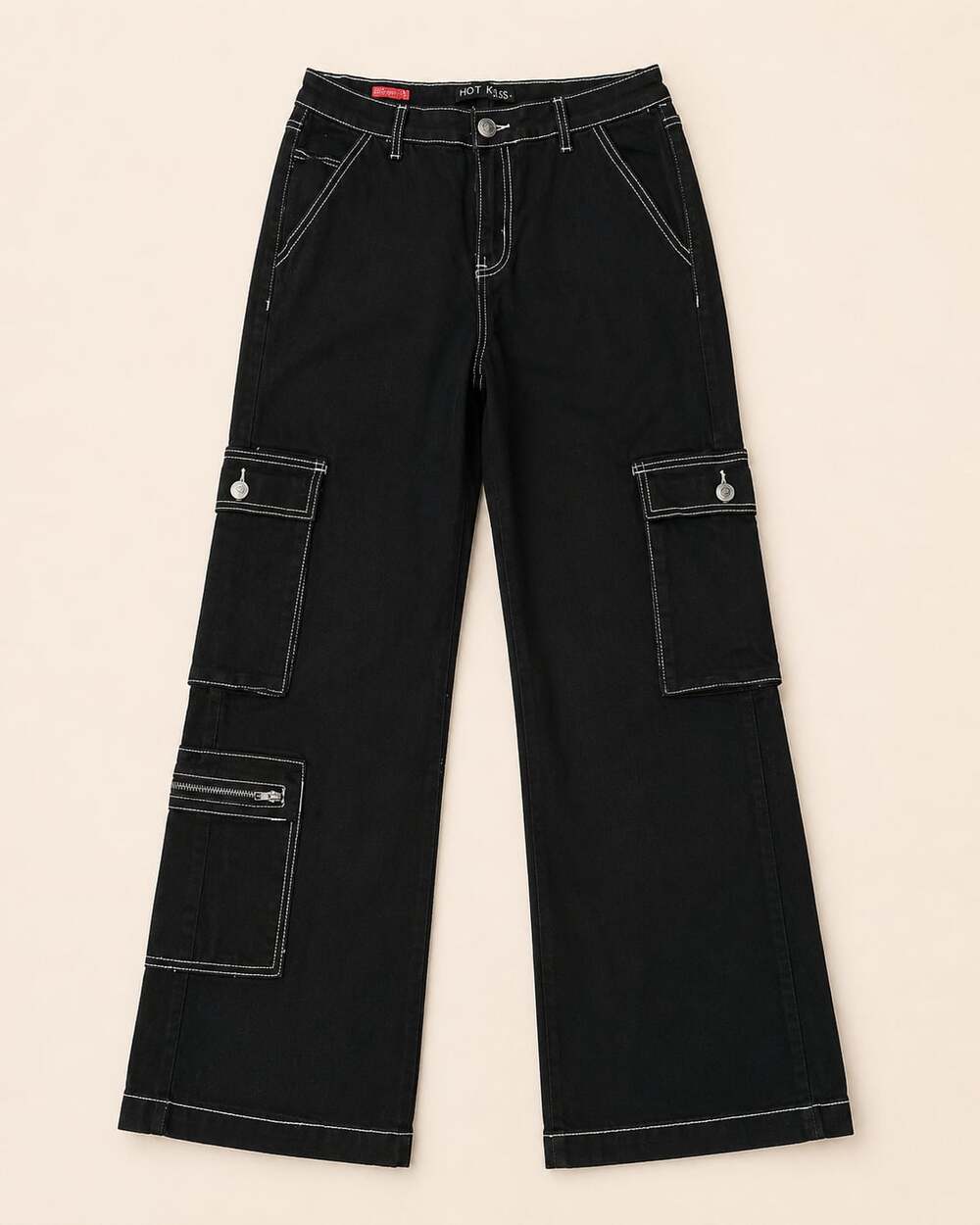 Y2K Hot Kiss Black Contrast Stitch Wide Leg Cargo Pants Size 11 Mall Goth Skater